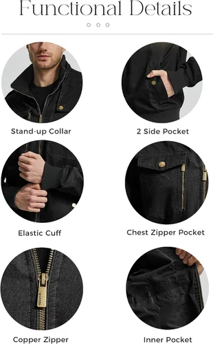Miniatura 5 de Wantdo Chaqueta militar para hombre, chaqueta bomber casual, cuello alto, chaqueta de lona cortavientos
