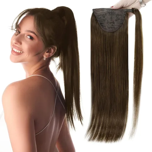 Miniatura 21 de Full Shine - Extensión de cola de caballo con clip, color marrón oscuro con mechas rubio miel, extensión de cabello humano real para mujeres, 14