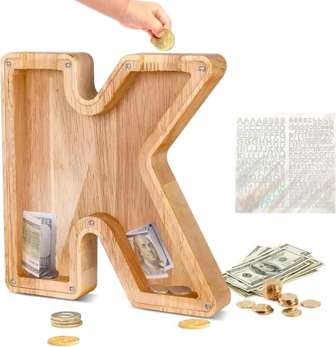 Miniatura 29 de Alcancía de Madera Personalizada con Letras del Alfabeto, Banco de Monedas con Letras del Alfabeto para Niños, Niñas y Bebés, Tamaño Grande, 26