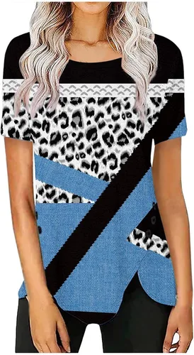 Tops para mujer Camisetas Manga Corta Estampado de retazos Colores Camisetas Tela a la Moda con Cuello Redondo Blusas