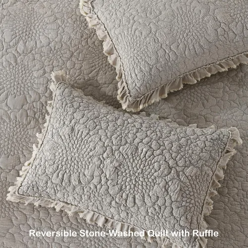 Miniatura 4 de HORIMOTE HOME Edredón beige con volantes, tamaño individual, microfibra lavada a la piedra, ligera, arrugada, rústica, desgastada, elegante, 2