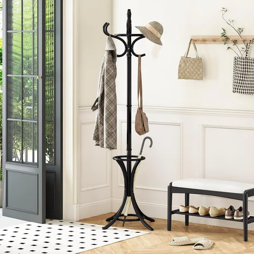 Miniatura 2 de Tangkula Perchero con soporte para paraguas, perchero independiente de 73 pulgadas con 12 ganchos, entrada de madera para ropa, bolsos, sombreros