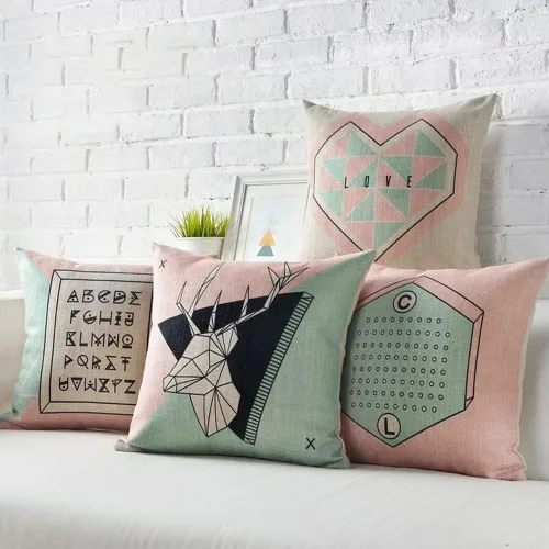 Miniatura 7 de Juego de 4 fundas de almohada geométricas de ciervo negro y verde de 18 x 18 pulgadas con forma de corazón, fundas decorativas para el hogar, sofá