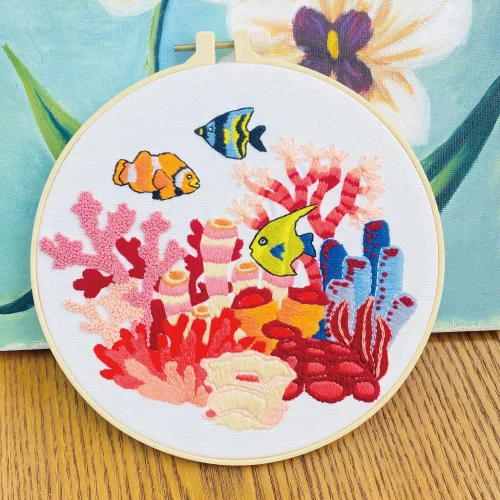 Kits de iniciación de bordado estampado para bricolaje, peces marinos, coralinos con patrón para principiantes, aros de tela, costura, arte de punto