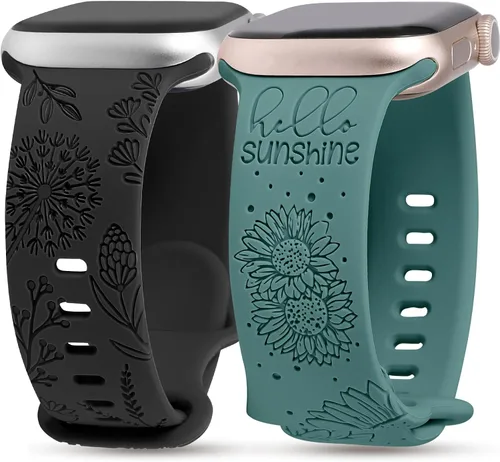 Minyee Paquete de 2 correas grabadas florales compatibles con Apple Watch Band de 38/40/41/42/44/45/46/1.929 in para mujer, bonita correa de
