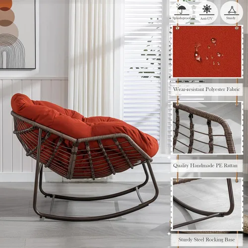 Miniatura 5 de Mecedora de gran tamaño para interiores, cómoda silla mecedora de pana con cojín grueso y marco, silla mecedora grande de mimbre para sala de estar