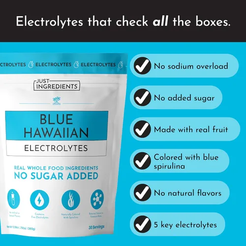 Miniatura 4 de JUST INGREDIENTS Blue Hawaiian - Mezcla de bebida de electrolitos 30 porciones Agua de coco orgánica, espirulina y electrolitos de 5 claves