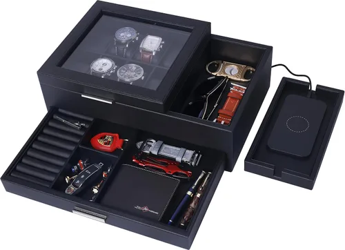 Miniatura 3 de Lifomenz Co Joyero para hombre, bandeja de valet con cajón y organizador de estación de carga, organizador de mesita de noche para hombres, bandeja