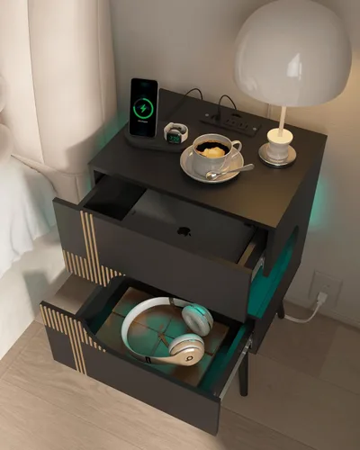Miniatura 6 de JOONEE Mesita de noche negra con estación de carga y luces LED, moderna mesita de noche con 2 cajones de almacenamiento, mesita de noche con patas