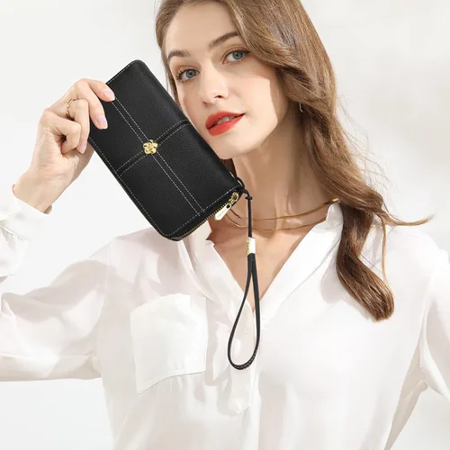 Miniatura 6 de Cartera de cuero real para mujer con adorno de camelia, bloqueo RFID, bolsillo para monedas, Negro, L, Clásico