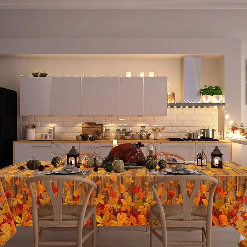 Miniatura 7 de Tiamon 3 piezas de decoración de otoño para interiores de Acción de Gracias, mantel de otoño de grano de madera, cubierta de mesa de fiesta