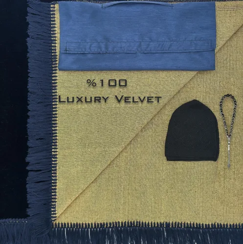 Miniatura 8 de Juego de alfombrillas de oración de terciopelo (piedra preciosa, 33 cuentas de oración, sombrero Kufi negro, estuche elegante), lujosa alfombra