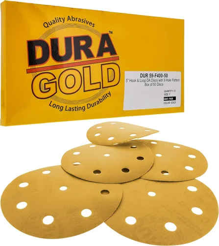 Miniatura 9 de Dura-Gold Discos de lijado dorados de 5 pulgadas de alta calidad, grano 320 (caja de 50), papel de lija de 9 agujeros sin polvo con gancho y bucle