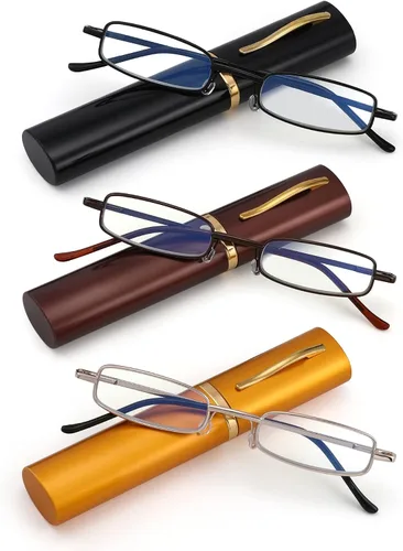 3 Pack Slim Pocket Reading Glasses for Men Women Blue Light Blocking Compact Readers Spring Hinge Metal Frame Amarillo Negro Gris