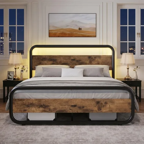 Miniatura 23 de Catrimown - Marco para cama individual con luces LED, marco de cama plataforma individual resistente de metal rústico con cabecera de madera