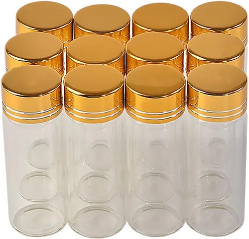 Miniatura 10 de 24 botellas de cristal de 0.3 onzas líquidas con tapas de rosca de aluminio dorado, aceite esencial vacío, azafrán, píldora, polvo, frascos