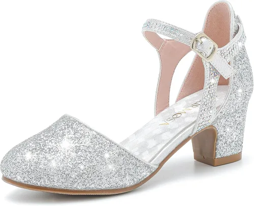 Zapatos de vestir para niñas, puntera cerrada, tacones altos y gruesos, correa para el tobillo, zapatos de tacón para boda y fiesta