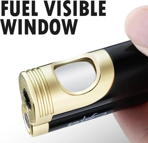 Miniatura 3 de GUEVARA Encendedor de Antorcha de Butano con Punzón a Prueba de Viento de Doble Chorro (Negro-Dorado) Dual jet flame, windproof, butane refillable