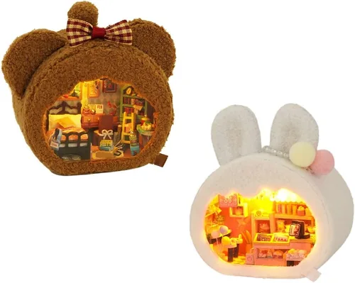 Miniatura 8 de TOPBSFARNY Kit de casa en miniatura, 2 piezas de animales lindos en miniatura, casa de madera para muñecas de bricolaje, modelo en miniatura con luz