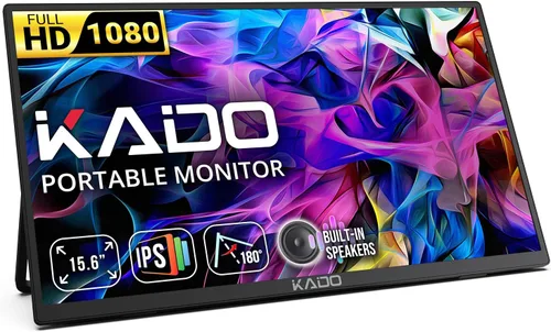 Kado Monitor portátil de 15.6 pulgadas FHD 1080p, carga inversa de 45 W, USB-C mini-HDMI, monitor para juegos, pantalla IPS altavoces integrados,