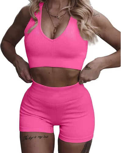Miniatura 2 de MANON ROSA Trajes de yoga para mujer, sin costuras, conjunto de 2 piezas, leggings cortos, brasier deportivo, ropa de entrenamiento, ropa deportiva