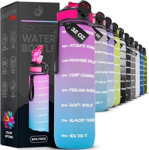 Botella de agua motivacional de 32 onzas con marcador de tiempo, botella deportiva con boquilla para mantenerte hidratado todo el día, a prueba de