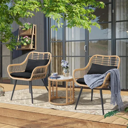 JOIVI Juego de 3 piezas para patio bistró, juego de patio al aire libre de mimbre con asiento cómodo mejorado, mesa auxiliar redonda de cristal,