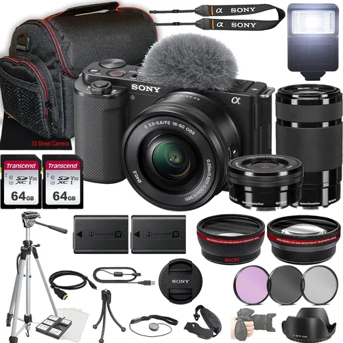 Sony Cámara sin espejo ZV-E10 con lente E PZ 0.630-1.969 in f/3.5-5.6 OSS + lente E 2.165-8.268 in f/4.5-6.3 OSS + 2 memoria de 64 GB + funda +