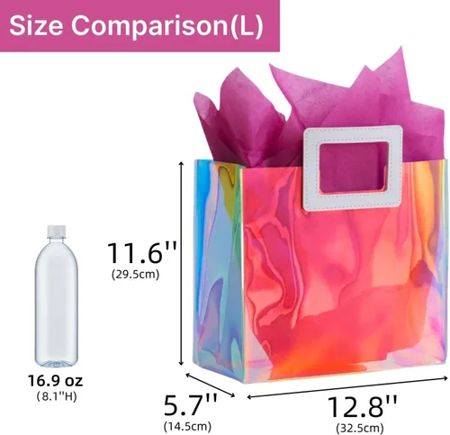 Miniatura 6 de Bolsa de Regalo Holográfica Grande con Papel de Seda Reutilizable, Bolsa de Regalo de Cumpleaños para Mujeres y Niñas, Iridiscente, Despedida de L
