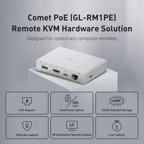 Miniatura 2 de GL.iNet Comet PoE (GL-RM1PE) Control Remoto KVM a Través de Internet - Opción de Doble Alimentación PoE/Type - C 4K@30Hz, 32GB EMMC, Soporte