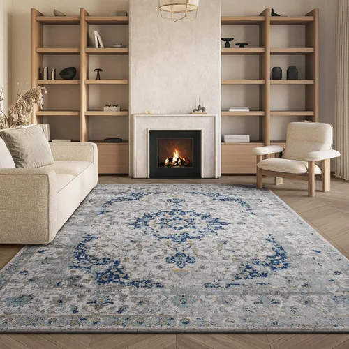 Miniatura 4 de SAFAVIEH Madison Collection - Alfombra decorativa de 2 pies 3 pulgadas x 3 pies 11 pulgadas, color marfil y azul, diseño de medallón bohemio,