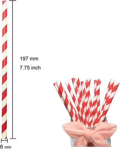Miniatura 2 de Pajitas biodegradables de papel a rayas rojas de 7.75 pulgadas, caja de 100 popotes ecológicos de Navidad rojos y blancos perfectos para beber