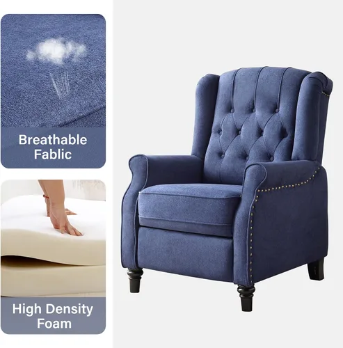 Miniatura 4 de Bonzy Home Sillón reclinable orejero de empuje hacia atrás, sillón tapizado de respaldo alto con patas de madera maciza, decoración con remaches