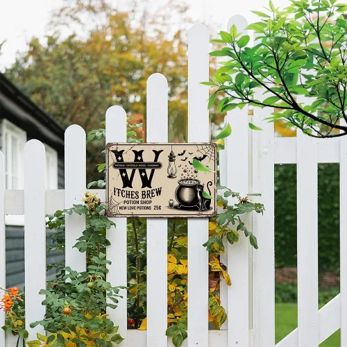 Miniatura 6 de Letrero de metal vintage con texto en inglés «Witches Brew Potion Shop», 8 x 12 pulgadas, diseño de bruja gótica, para porche, pubs, cafetería