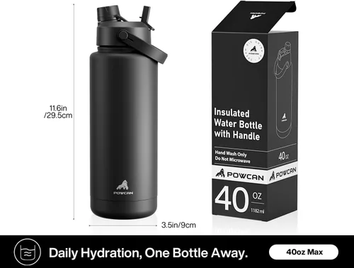 Miniatura 5 de POWCAN - Botella de agua térmica 2 en 1, sorbete y tapa con boquilla, antifugas, acero inoxidable sin BPA, apta portavasos automóvil, bebida fría 24