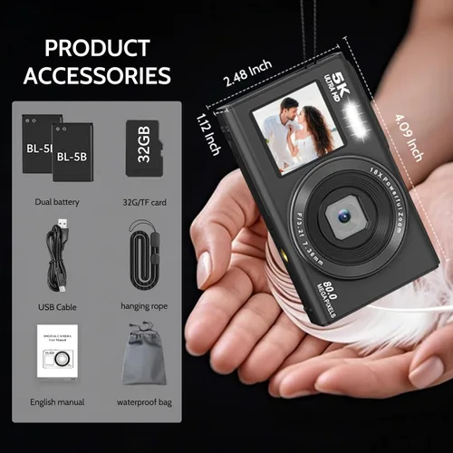 Miniatura 8 de Cámara digital 5K, cámara de doble pantalla con zoom digital de 18X, cámara compacta de vlogging para adolescentes, paquete de regalo