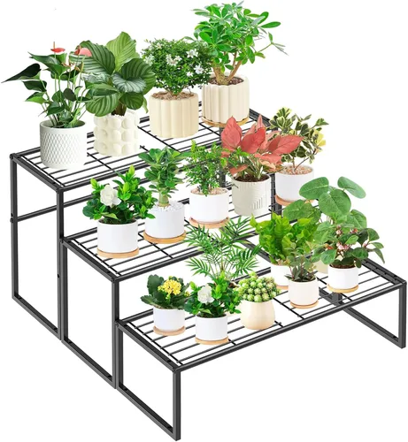 Miniatura 10 de Soporte de metal para plantas para interiores y exteriores, 3 niveles en maceta, estante para plantas, estante de exhibición de macetas resistente 3