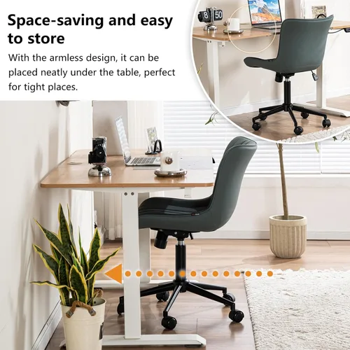 Miniatura 6 de YOUNIKE Silla ergonómica de oficina sin brazos, de piel sintética, pequeña y bonita silla de escritorio con respaldo mecedora de 12°, altura verde