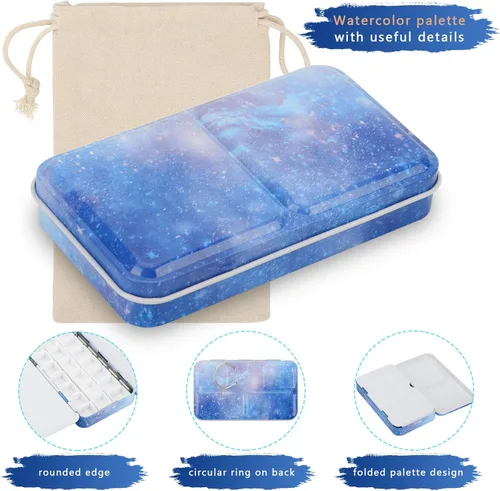 Miniatura 3 de PEVART Paleta de acuarela de lata de metal, Estuche vacío de pintura con 50 piezas de sartenes vacías y un lápiz de acuarela adecuado para paleta