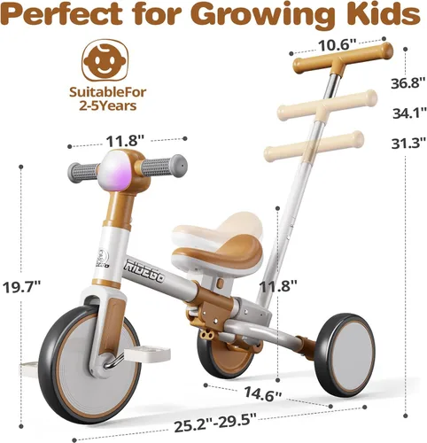 Miniatura 6 de Ridego - Triciclo 5 en 1 para niños pequeños de 2 a 5 años, bicicleta de equilibrio para niños y bicicleta de empuje para niños pequeños con mango