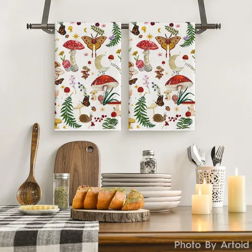 Miniatura 2 de Artoid Mode Toallas de Cocina Toallas de Platos de Hongos Modernas Beige, 18x26 Pulgadas Lindas Toallas de Mano de Decoración Botánica de Granja