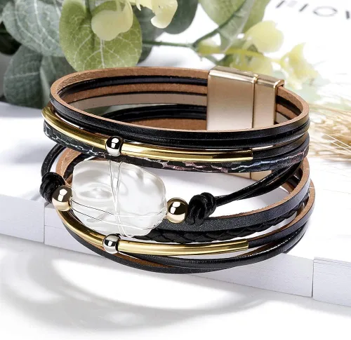 Miniatura 5 de Fesciory - Pulsera de leopardo para mujer, estilo bohemio de cuero multicapa con perlas de cristal