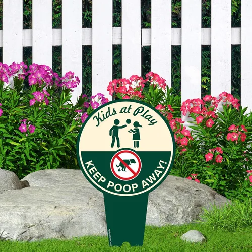 Miniatura 2 de Cartel de "Kids at Play, Keep Poop Away", 7 x 13, estacas integradas de alta resistencia, uso en interiores y exteriores, compuesto de aluminio