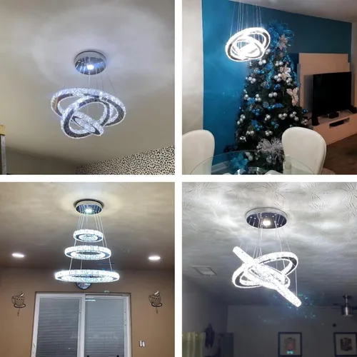 Miniatura 3 de Lámparas de araña LED de cristal, lámpara colgante moderna para comedor, lámpara de techo ajustable con 3 anillos, de acero inoxidable, blanco frío