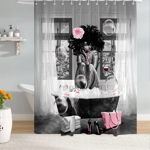 Cortina de ducha de mujer afroamericana, cortina de ducha de tela de poliéster impermeable para baño, cortina de baño gris, lavable a máquina,