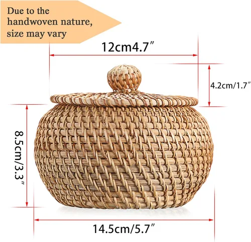 Miniatura 2 de Hipiwe Cajas de Cestas Redondas de Ratán con Tapa Tejidas a Mano, Cestas de Almacenamiento de Mimbre, Contenedor, Cesta Decorativa Multiusos