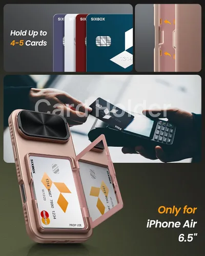 Miniatura 3 de Funda para iPhone Air con tarjetero y soporte y funda para cámara, protección contra caídas de grado militar, parte trasera dura, resistente, Oro