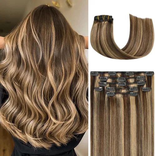 Miniatura 37 de Honsoo Extensiones de cabello humano real de color marrón con pinzas, marrón castaño, 15 pulgadas, 70 g, 7 unidades, cabello lacio sedoso y marrón