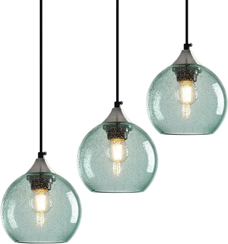 Miniatura 36 de Luces colgantes de cristal verde claro, iluminación de isla de cocina, luminarias de luz colgante de globo, iluminación colgante moderna