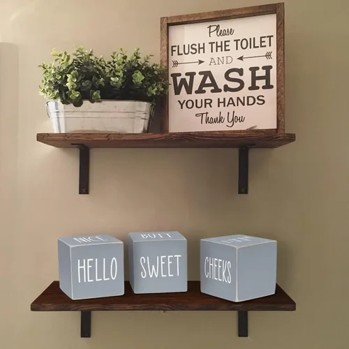 Miniatura 7 de Decoración de baño de granja de 4 lados para estantes y mostrador, divertido letrero rústico de madera para invitados de baño, bonito trasero y gris